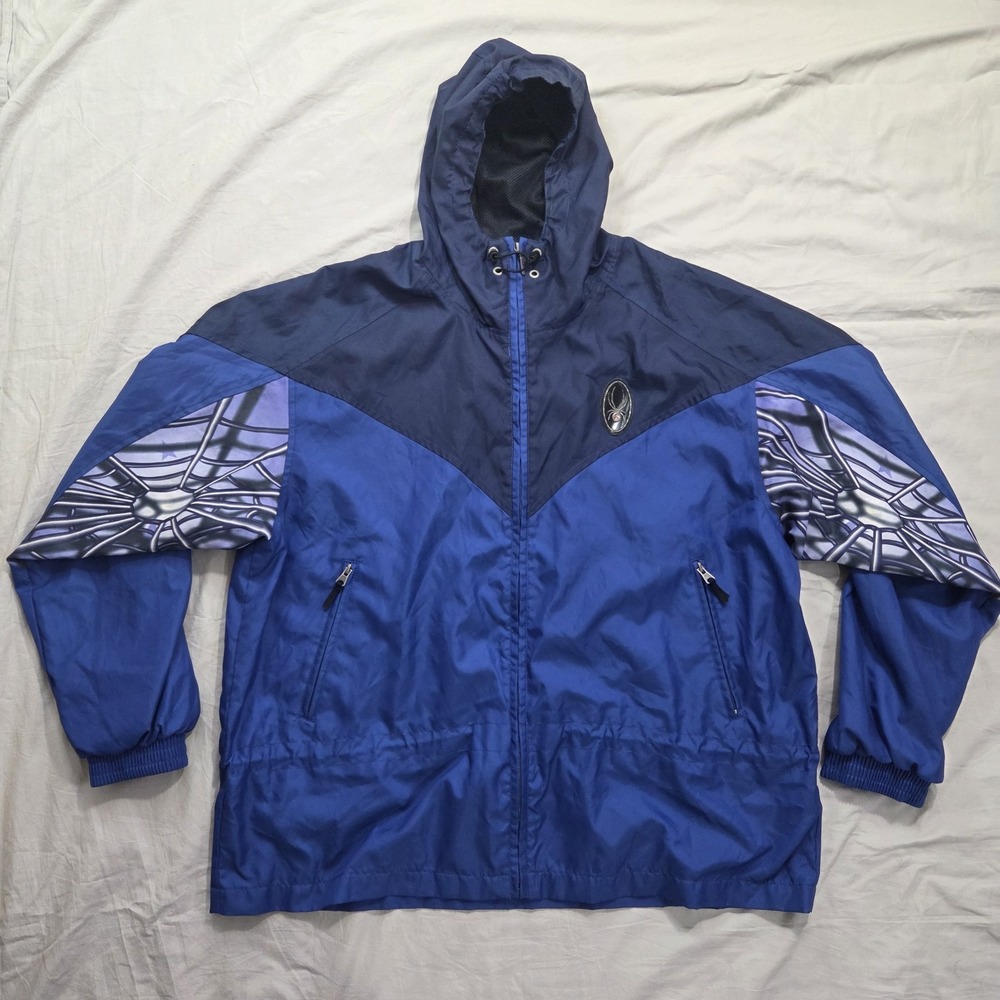 Vtg Spyder Y2K Jacket Blue Web Sleeve Black Widow Logo Mesh Lined Hooded Size XL